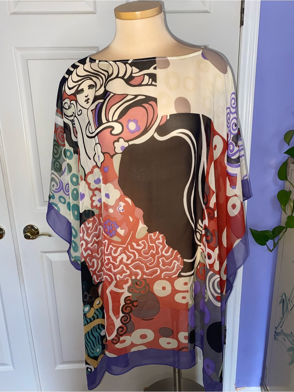 Abstract Multi-Color Print Tunic Top - 100% Silk, Art Kaftan, One Size